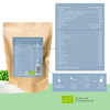 Organic protein powder from HANS Brainfood GmbH, showing packaging with peas, rice and hemp protein, as well as nutritional information and organic seal
