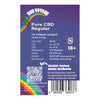 Graphic design by Hans Brainfood GmbH featuring a vibrant rainbow, a cannabis plant, and product details including CBD and THC percentages, fruity citrus flavor notes, and a QR code for growing instructions.

