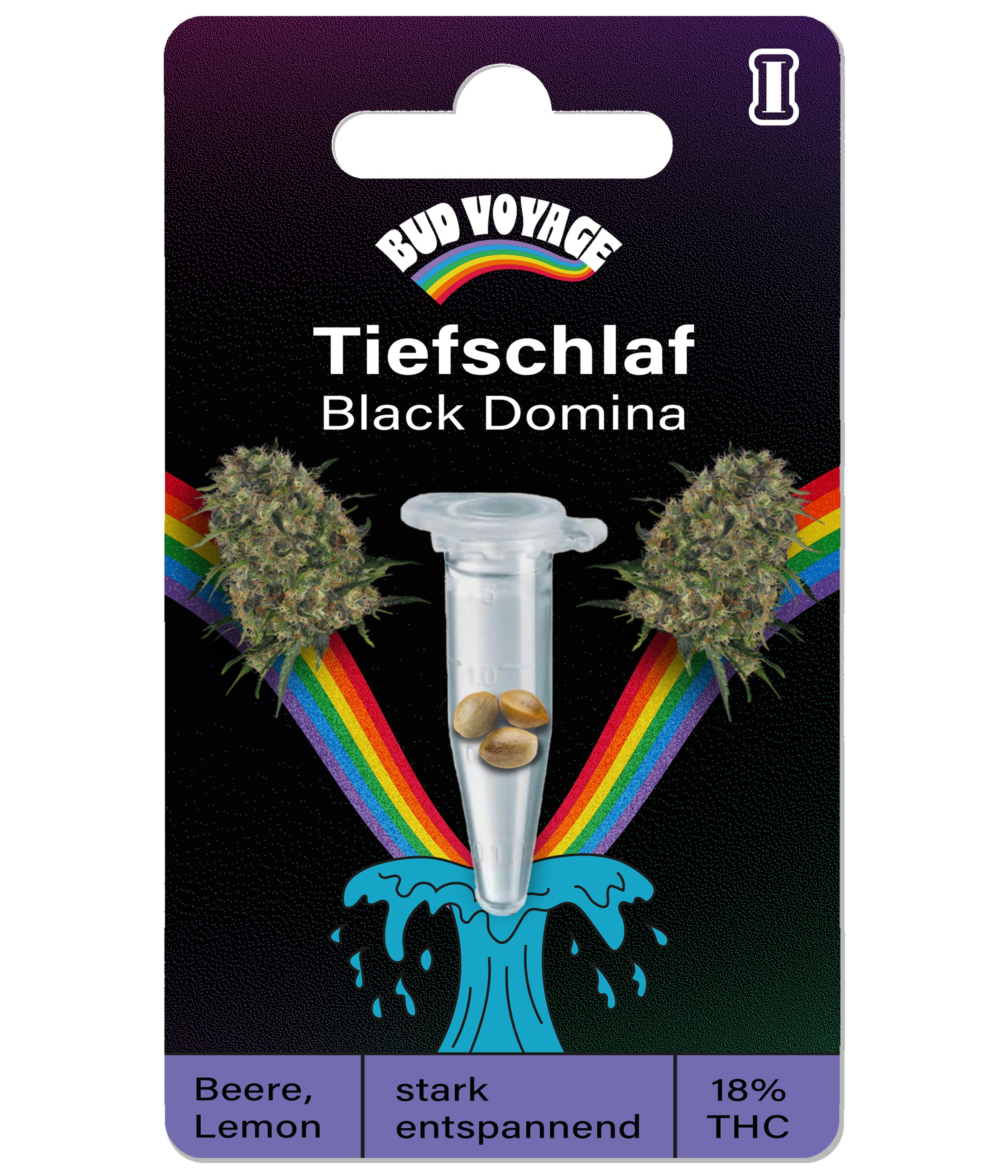 Bud Voyage graphic design: Deep Sleep Black Domina seed pack with rainbow, three seeds in a microtube and Beer Lemon color accents
