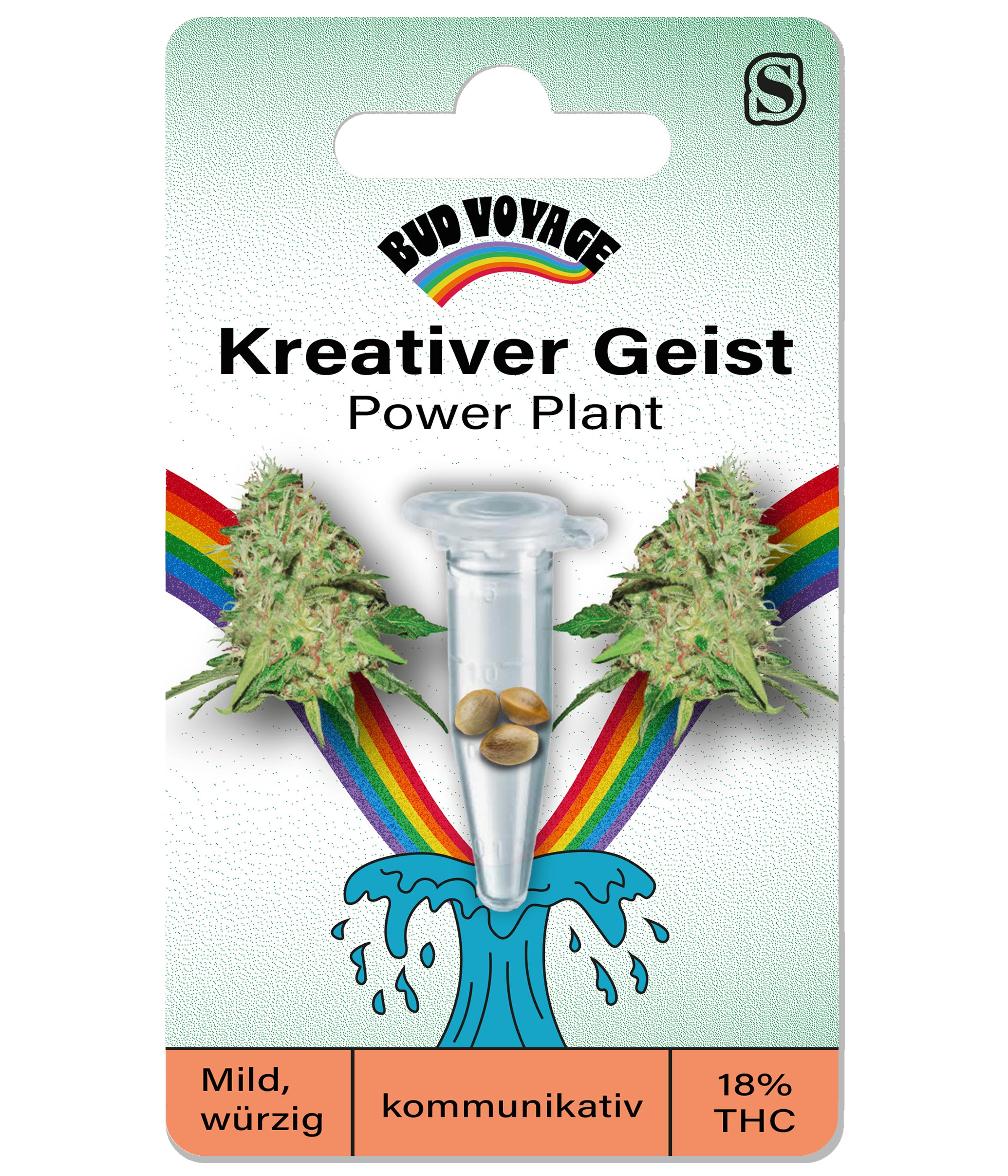 Bud Voyage product graphic: three hemp seeds in a transparent test tube against the background of a rainbow and marijuana flowers, the texture is grainy and the colors bright

