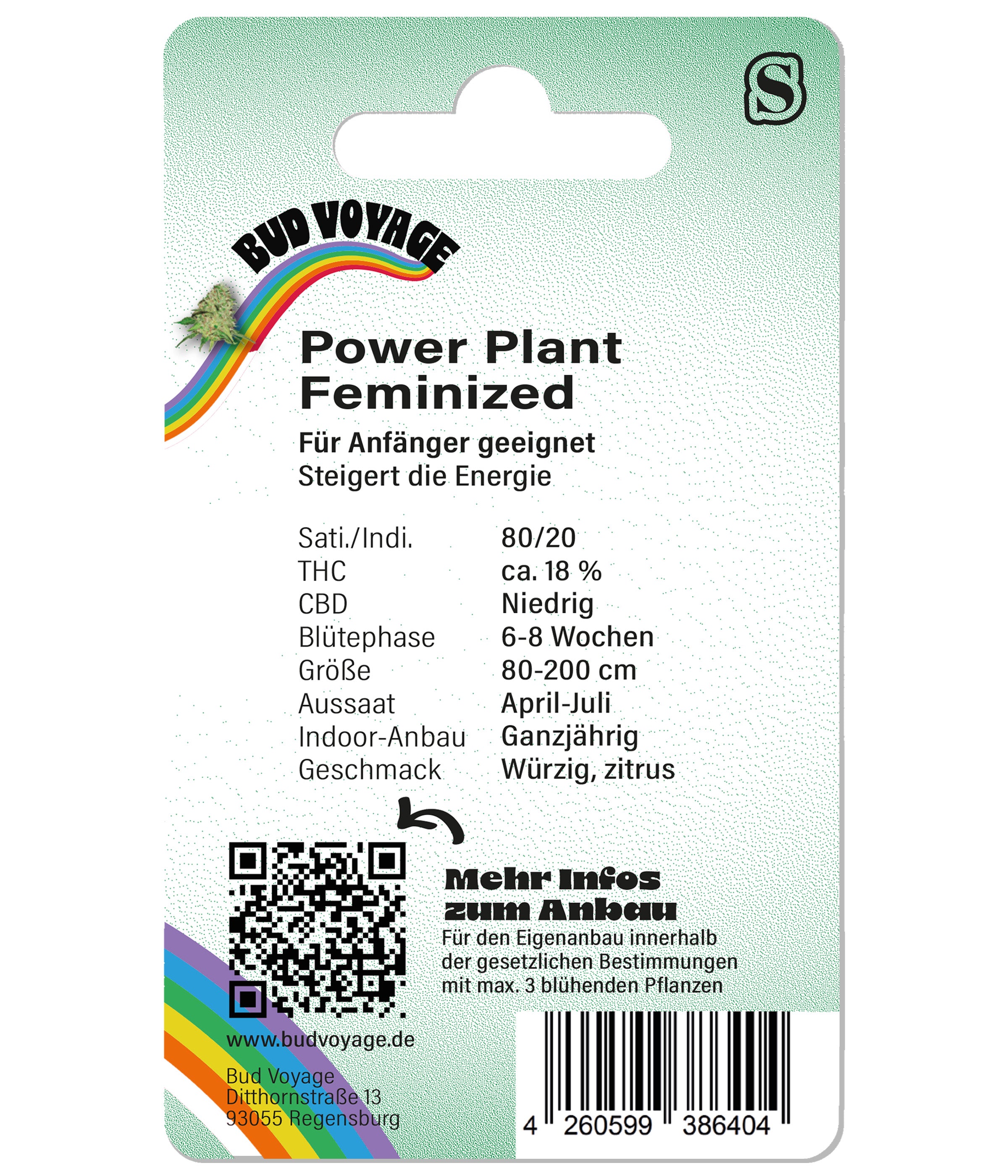 Bud Voyage Produktkarte zeigt Power Plant feminisierte Samen mit Regenbogen, Hanfpflanze und QR-Code auf grünem Hintergrund
