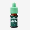 Product shot of Hans+ 30% CBD oil 3000mg CBD in a dark amber bottle with a light green dropper top and label
