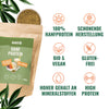 Product image of Hans Hanfprotein, showing brown packaging with hemp leaves, a light brown powder and graphic symbols for organic, vegan and gluten-free
