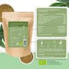 Product photo: HANS organic hemp protein powder in a bowl, showing the brown color and texture of the powder, as well as a beige paper and a green organic seal
