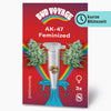 Bud Voyage AK-47 Feminized seed packaging shows three cannabis seeds in a test tube against a vibrant red background with a rainbow and stylized wave, featuring lush green cannabis buds and a colorful logo
