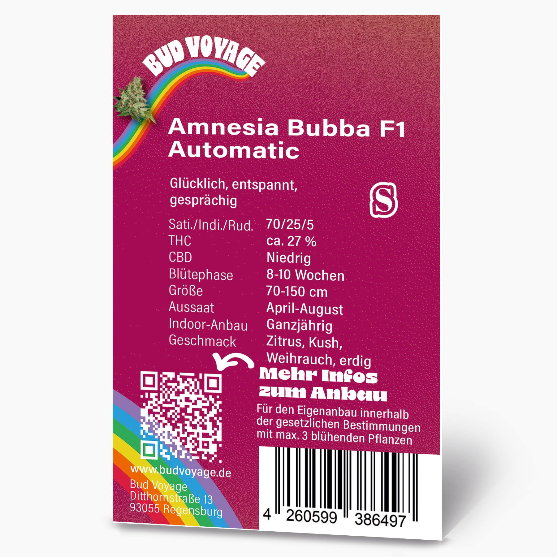 Bud Voyage Produktgrafik: Amnesia Bubba F1 Automatic Samenpackung mit Regenbogen, QR-Code und detaillierter Produktbeschreibung in kräftigem Pink und Weiß
