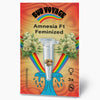 Bud Voyage Amnesia F1 feminized cannabis seed packaging with three seeds in a test tube, surrounded by marijuana flowers and a rainbow on an orange background

