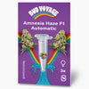 Bud Voyage Design: Amnesia Haze F1 Automatic seed packet with cannabis flowers, rainbow and three feminized seeds in a transparent plastic tube on a purple background
