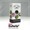 Product photography of Dutch Passion's Auto Euforia seeds showcasing vibrant purple, green, and teal cannabis buds alongside the seeds in a hexagonal design against a white background Amsterdam is also mentioned
