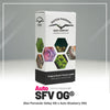 Product photo by Dutch Passion, showing a pack of Auto SFV OG seeds with images of cannabis flowers in purple, green and beige and Amsterdam as the location
