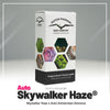 Product photo by Dutch Passion: Auto Skywalker Haze seed box, showing Amsterdam, green, purple and brown cannabis flowers and seeds in a hexagonal pattern
