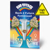 Bud Voyage Back 2 Future feminized cannabis seed packaging shows marijuana plants, a rainbow, three seeds in a test tube and a blue wave with dripping drops of water
