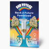 Bud Voyage's Back 2 Future feminisierte Hanfsamenpackung zeigt drei Samen in einer Testtube vor einem Regenbogen und zwei Marihuana Blüten mit leuchtend grünen Blättern und orangefarbenen Haaren
