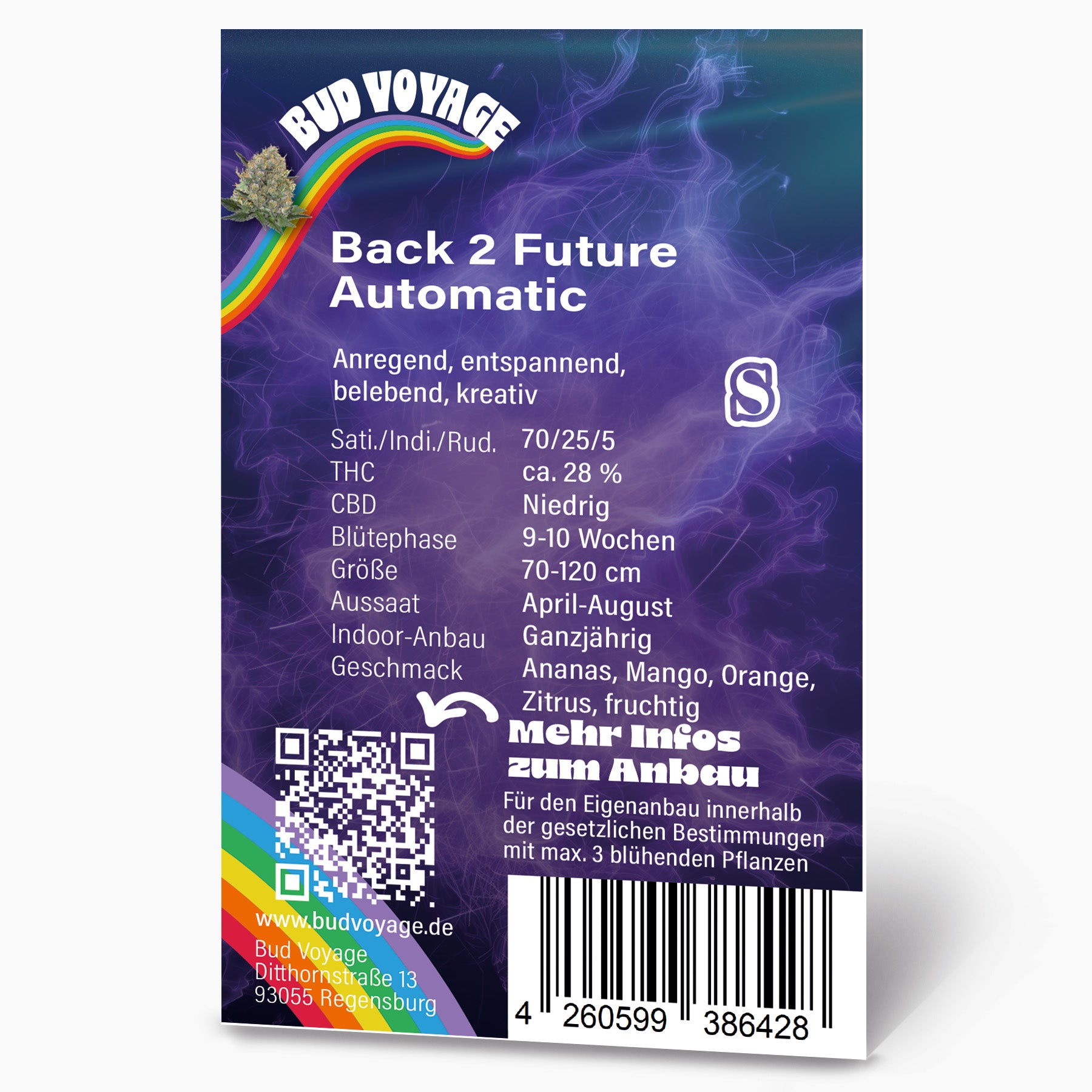 Bud Voyage product graphic: Back 2 Future Automatic hemp plant with rainbow, pineapple-mango-orange aroma and purple-colored background details
