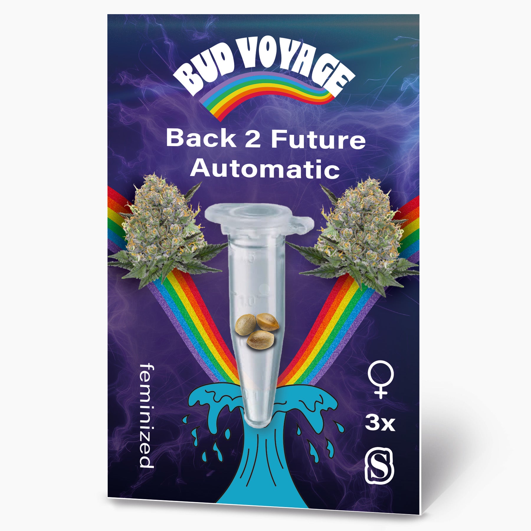 Bud Voyage product image: Back 2 Future Automatic cannabis seeds, three feminized seeds in a test tube, surrounded by rainbow and marijuana flowers with purple and green hues
