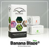 Product photo by Dutch Passion: Banana Blaze cannabis seeds in Amsterdam, showing detailed close-ups of the seeds and bright green, purple and brown colors
