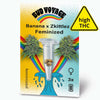 Bud Voyage seed packet, showing feminized Banana x Zkittlez cannabis seeds in a test tube with a rainbow and waves background, three seeds, high THC warning