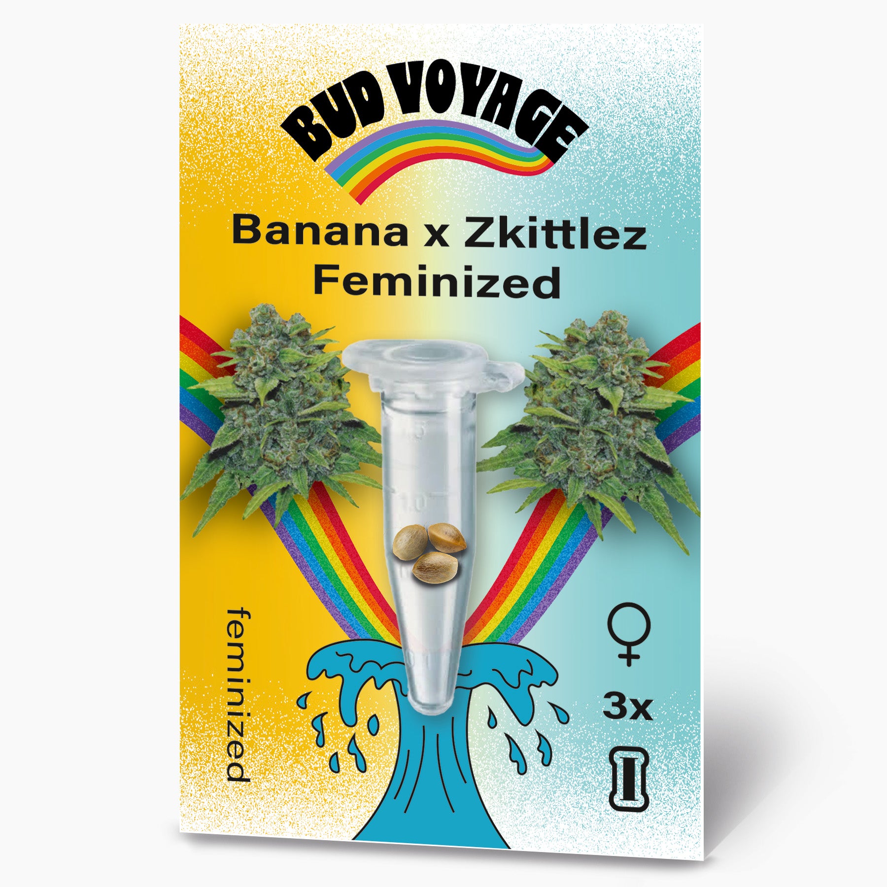 Bud Voyage seed packet shows feminized Banana x Zkittlez cannabis seeds in a test tube in front of a rainbow and wave pattern with three seeds and green inflorescences
