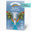 Bud Voyage graphic design: Big Bud feminized cannabis seeds in a test tube, surrounded by rainbows and waves, showing three seeds and two cannabis flowers
