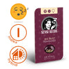 Sensi Seeds graphic design shows Big Bud feminized cannabis seeds in a burgundy bag with a geometric pattern and a retro woman with a cigarette in the corner of her mouth ten seeds can be seen in the clear capsule, the indica and hybrid symbols are also shown
