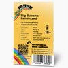 Product graphic by HANS Brainfood GmbH: Big Banana feminized cannabis seeds, rainbow design with QR code and barcode, banana and skunk flavour, 18+ age restriction

