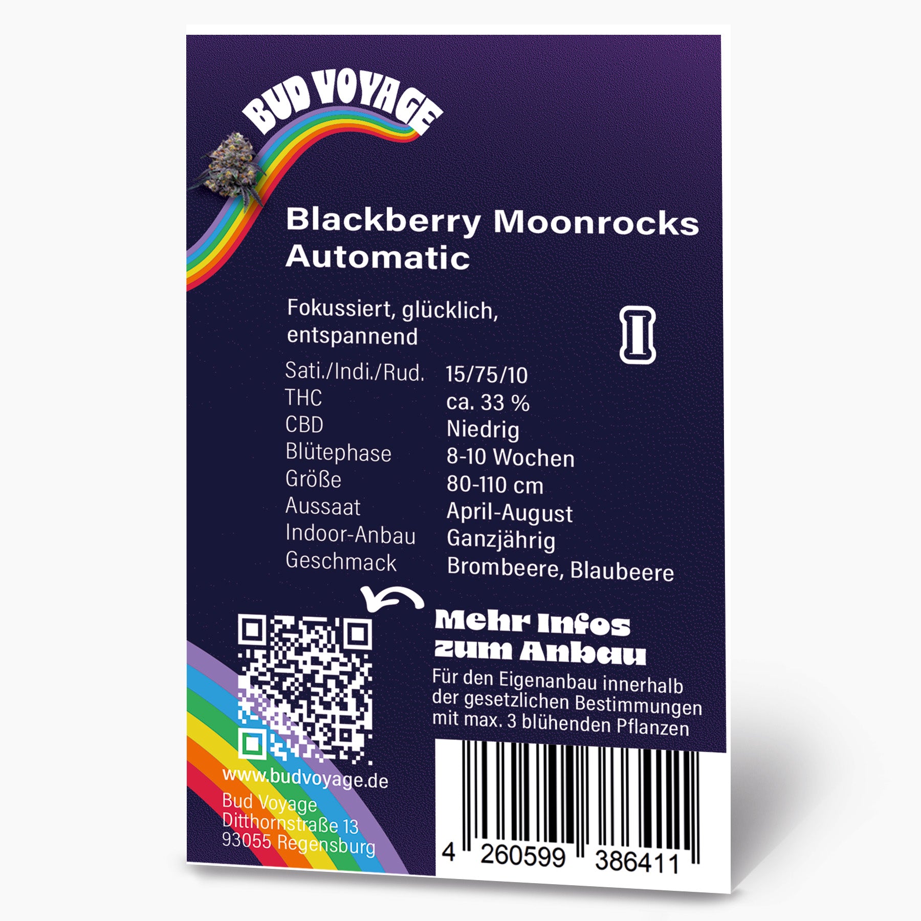 Bud Voyage product graphic: Blackberry Moonrocks Automatic cannabis seeds, showing a rainbow, a QR code and detailed information on cultivation, flavor and THC content
