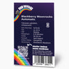 Bud Voyage product graphic: Blackberry Moonrocks Automatic cannabis seeds, showing a rainbow, a QR code and detailed information on cultivation, flavor and THC content
