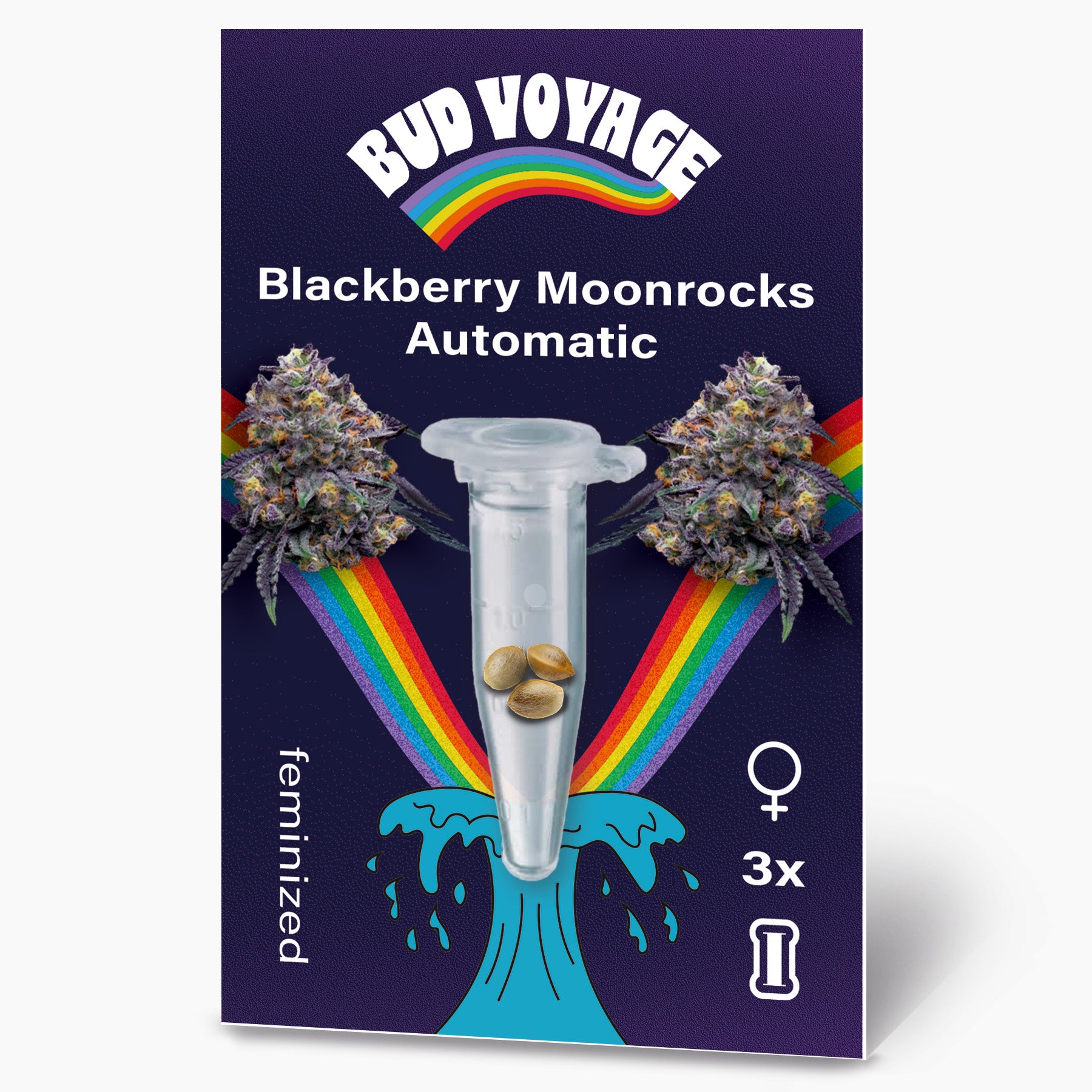 Bud Voyage product graphic shows Blackberry Moonrocks Automatic seeds in a test tube in front of a rainbow and purple cannabis flowers
