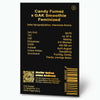 Graphic design by Bud Voyage, product information for Candy Fumez x GAK Smoothie feminized cannabis seeds with golden details and QR code, Regensburg
