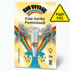 Bud Voyage graphic design: Cap Junky feminized cannabis seed pack with rainbow, three seeds in a test tube and a stylized wave, high THC content
