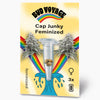 Bud Voyage graphic design: Cap Junky feminized cannabis seeds in a plastic tube in front of rainbow and maritime motifs three seeds with pastel colors
