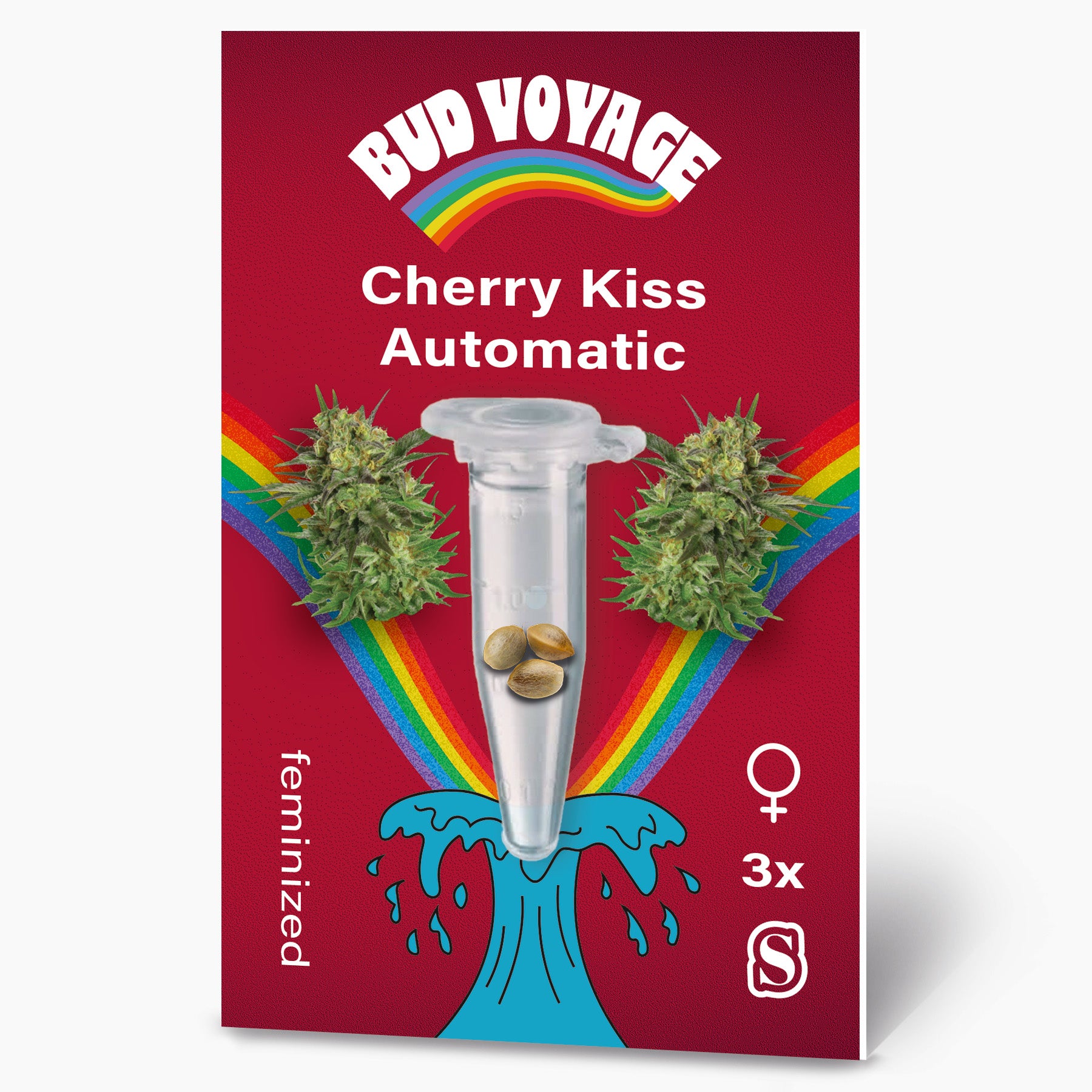 Bud Voyage graphic design: Cherry Kiss Automatic cannabis seeds in a test tube on a red background with rainbow and blue waves three feminized seeds in vivid colors and detailed cannabis flowers
