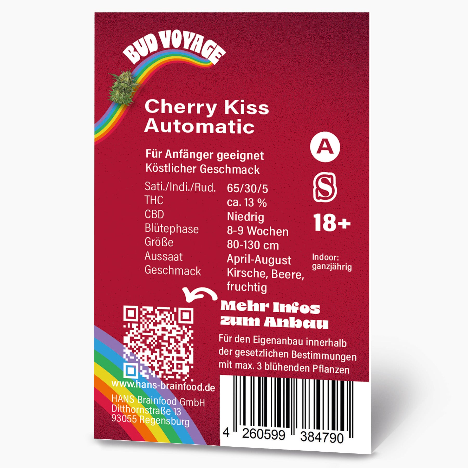Bud Voyage graphic design: Cherry Kiss Automatic cannabis seed packet shows a marijuana bud on a rainbow, with detailed product description and barcode on a red background.
