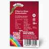 Bud Voyage graphic design: Cherry Kiss Automatic cannabis seed packet shows a marijuana bud on a rainbow, with detailed product description and barcode on a red background.
