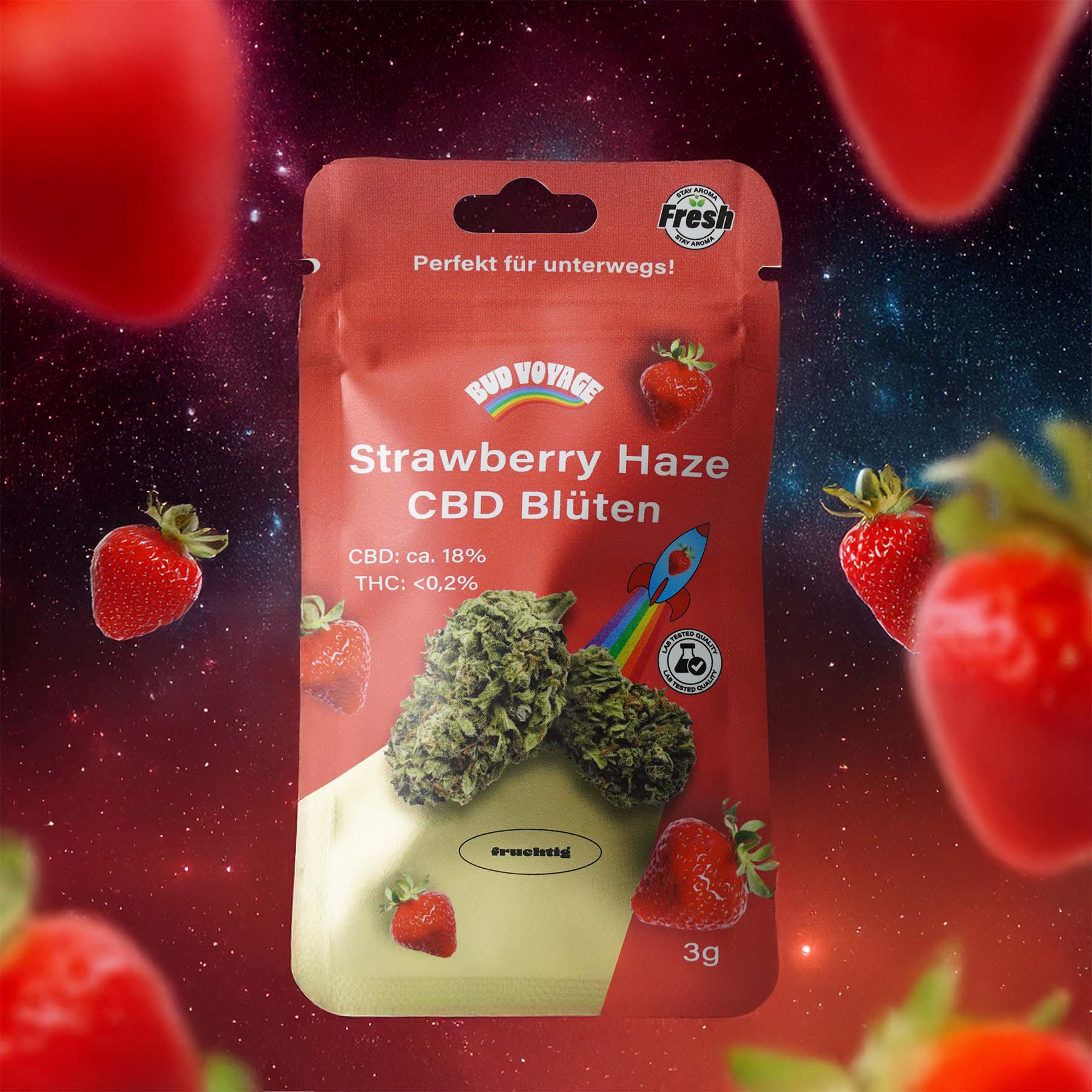Bud Voyage product image: A packaging with Strawberry Haze CBD flowers in front of a starry background, surrounded by strawberries and with a rocket motif and a fruity, golden design.

