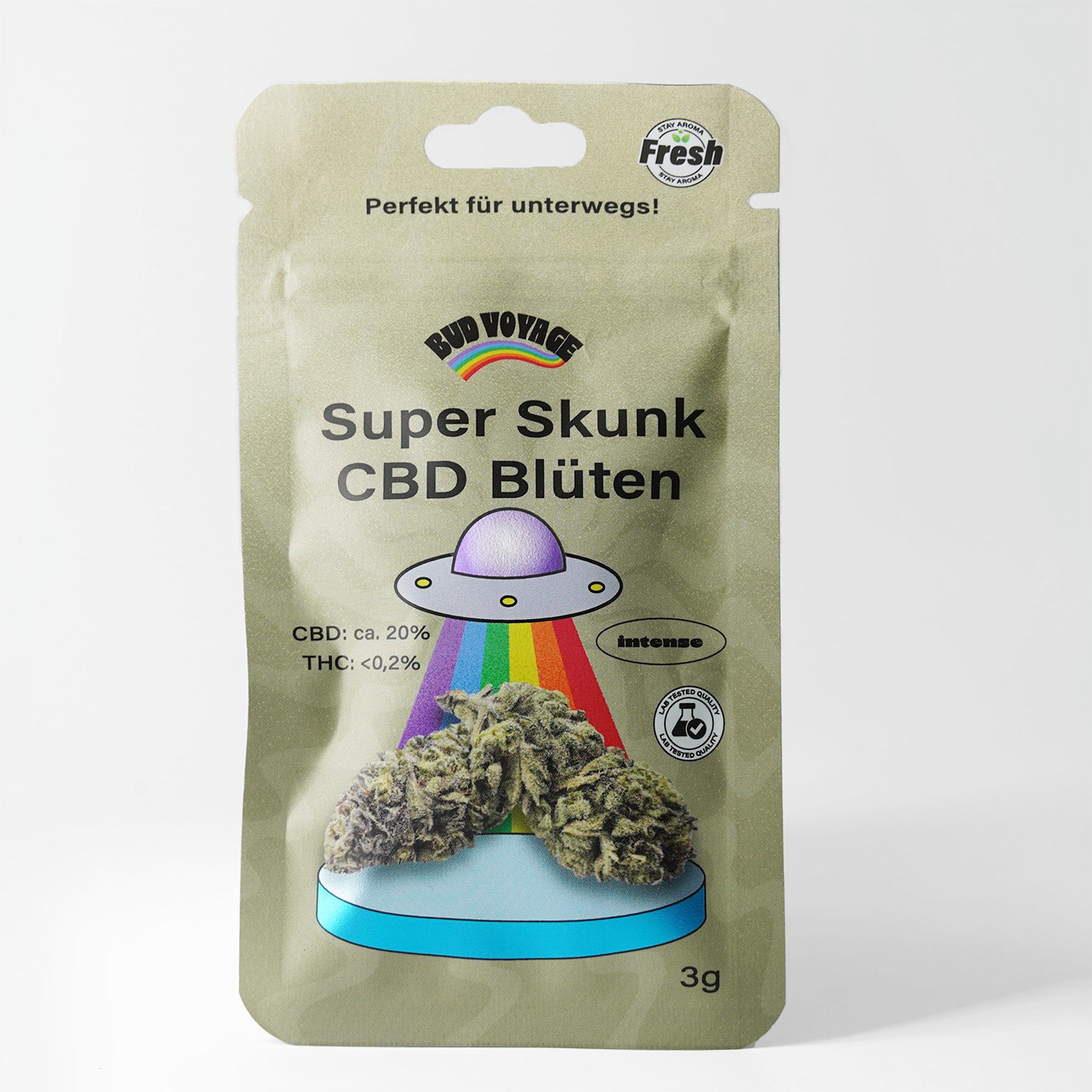 Bud Voyage product packaging shows Super Skunk CBD flowers with a UFO, rainbow and bright turquoise pedestal against a white background
