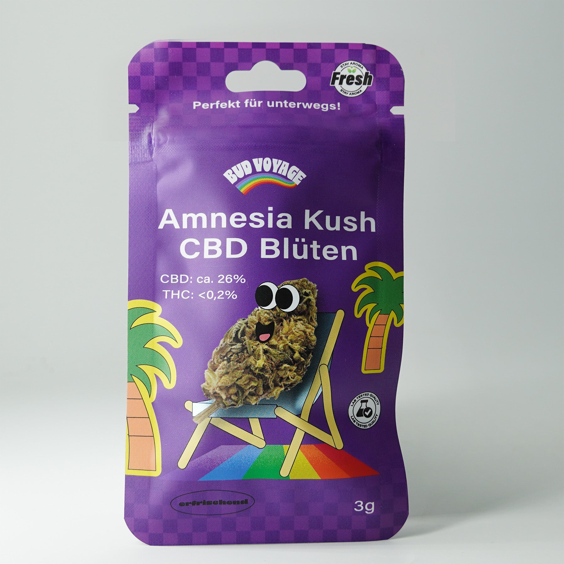 Bud Voyage packaging shows Amnesia Kush CBD flowers on a deck chair in front of palm trees with a rainbow carpet and a friendly face on the packaging
