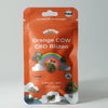 Bud Voyage product photography: Orange COW CBD flower packaging with rainbow, cow and silver clouds on an orange background
