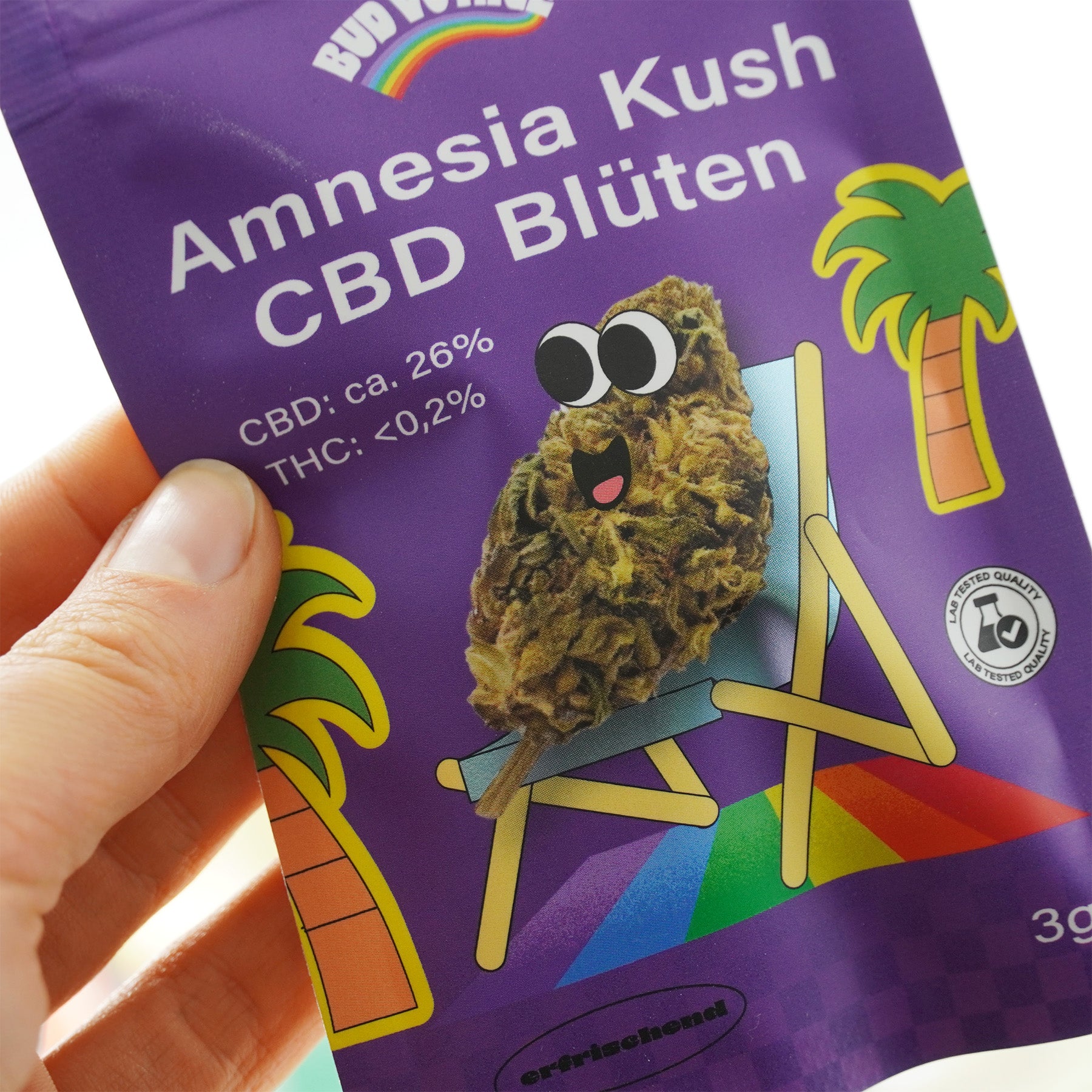 Bud World Amnesia Kush CBD flower packaging features a cartoon hemp flower character on a deck chair in front of palm trees with a rainbow and a quality seal
