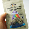 Bud Voyage packaging features Super Skunk CBD flowers with a UFO, rainbow and bright blue pedestal, 3g pack
