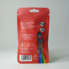 Bud Voyage packaging: Premium cannabis flowers in red packaging with rocket motif, strawberry and rainbow colors, UV protection and QR code.
