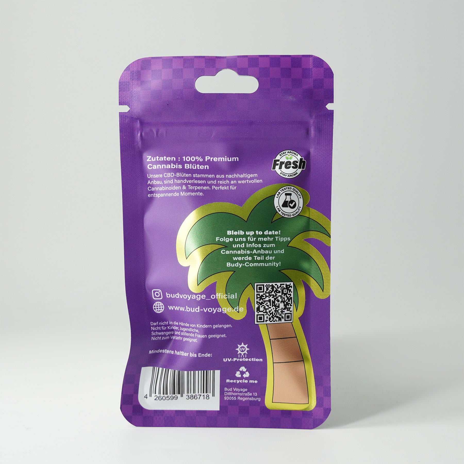 Product packaging by Bud Voyage: 100% premium cannabis flowers in purple packaging with palm tree motif, QR code and UV protection, high-quality design and eye-catching colors
