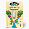 Bud Voyage seed packet artwork showing Dwarf Voyage Automatic feminized cannabis seeds in a test tube surrounded by vibrant rainbows and a stylized wave featuring three light brown seeds a pastel yellow background and bold black lettering
