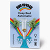 Bud Voyage Easy Bud Automatic seed packet shows marijuana buds, a rainbow and three feminized seeds in a test tube on a light blue background.