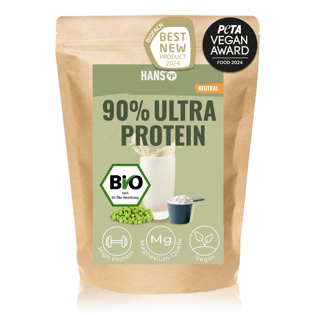 Product photography of Hans 90% Ultra Protein organic powder with peas, a glass of protein shake, and the logos for organic certification and PETA Vegan Award
