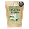 Product photography of Hans 90% Ultra Protein organic powder with peas, a glass of protein shake, and the logos for organic certification and PETA Vegan Award
