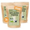 Hans® product photography: Three packs of vegan 90% Ultra Protein in brown pouches with peas, magnesium and organic seal on a white background

