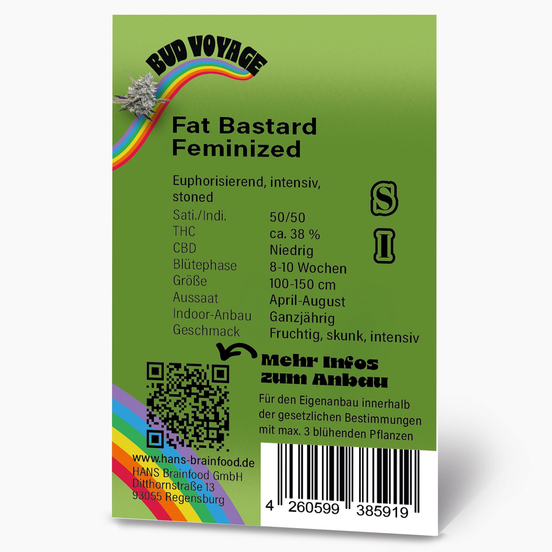 Digital illustration by Bud Voyage shows a marijuana flower on a rainbow in front of a green background with QR code and product information in Regensburg
