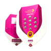 Royal Queen Seeds packaging shows feminized AMG cannabis seeds in shiny capsules on a pink background with a yellow warning symbol
