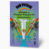 Digital illustration by Bud Voyage: Gelato x Purple Punch F1 Automatic seeds with rainbow, marijuana flowers and three seeds in a clear tube on a green background